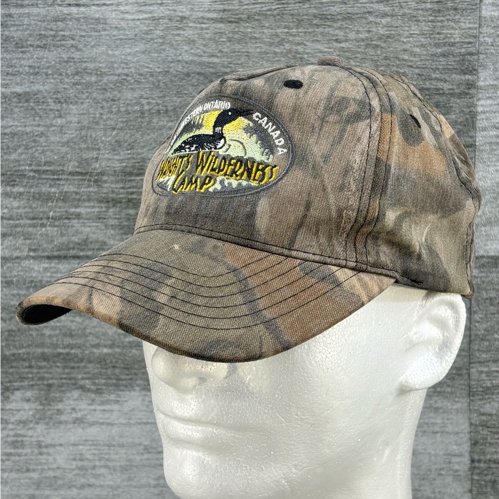 AJM Wrights Wilderness Camp Ontario Canada Camo Adjustable Strap Back Hat OSFA